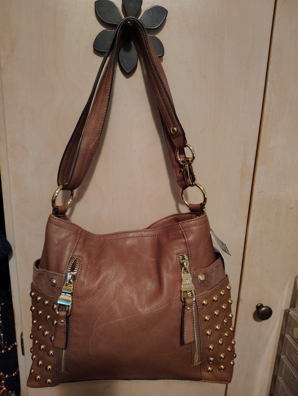 B Makowsky Teal Brown Studded Leather Shoulder/Crossbody Handbag NWT